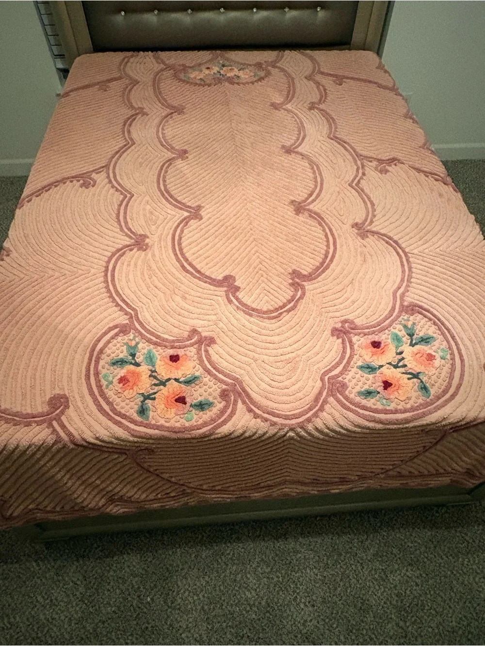 Rare Vintage Retrac Chenille Pair of Bedspreads Peach Floral Scrollwork